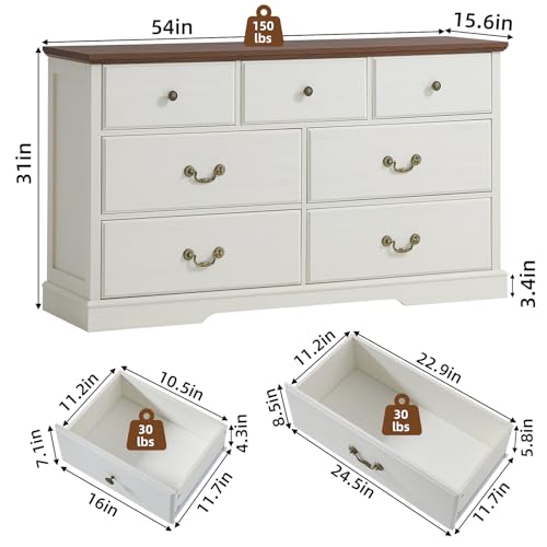 Farmhouse 7 Drawer White Dresser for Bedroom | 54" Wide Wooden Long Dressers & Chests of drawers with Rustic Handles & Floor-Standing Thickened Foot - color: White, size: 15.6"D x 54"W x 31"H (7 Drawers)
