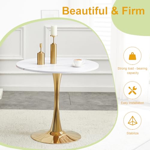 31.5" Round Dining Table, Mid-Century Modern Tulip Table with Thickened Tabletop & Metal Pedestal, Circle Bistro Table for Kitchen, Small Places, Apartments, Cafe - color: White Gold, size: 31.5" dining table