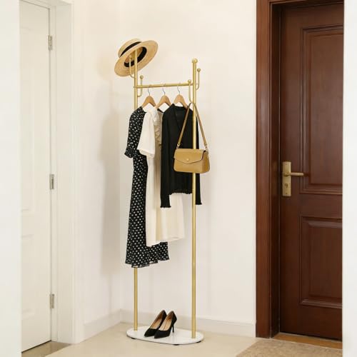 Gold Freestanding Coat Rack with Marble Base, Modern Metal Clothes Stand with Side Hooks, Slim Garment Organizer for Entryway, Bedroom, Hallway Corner Storage