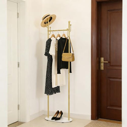 Gold Freestanding Coat Rack with Marble Base, Modern Metal Clothes Stand with Side Hooks, Slim Garment Organizer for Entryway, Bedroom, Hallway Corner Storage