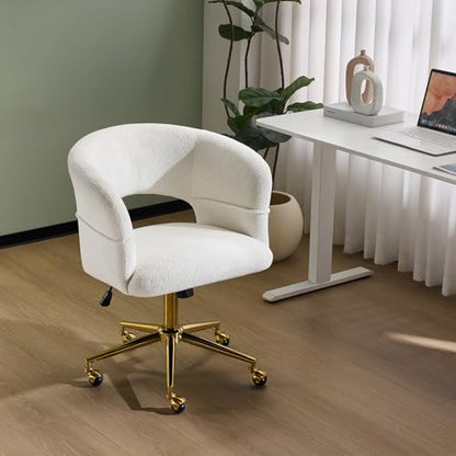 VINGLI Modern Curved Office & Vanity Desk Chair, Cute Upholstered Nail Chair with Wheels & 360° Swivel & Club & Tilting & Gold Base, for Bedroom, Living Room, Makeup, Velvet Chenille, White - color: White