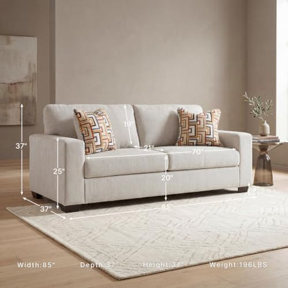 Signature Design by Ashley Aviemore 85-in Queen Sleeper Sofa, Stone | 4-in memory foam mattress, Pull out couch, 100% polyester chenille, 350 lbs limit, Contemporary track arms, 2 throw pillows - color: Stone, style: Sleeper