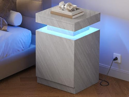 Nightstands Set 2, 17 Inches Modern Bedside Table with LED Lights, LED Night Stand Set of 2, High Gloss Surface, End Table with Storage for Bedroom, Grey - color: Grey-17"