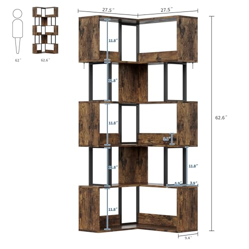 Garvee Corner Bookshelf, 62.6" Tall Metal Wooden Bookcase, Modern Freestanding Corner Shelf with Baffle, 5-Tier L-Shaped Display Rack Storage Organizer for Home Office, Living Room | Modern Freestanding Corner Shelf with Baffle, 5-Tier L-Shaped Display Ra
