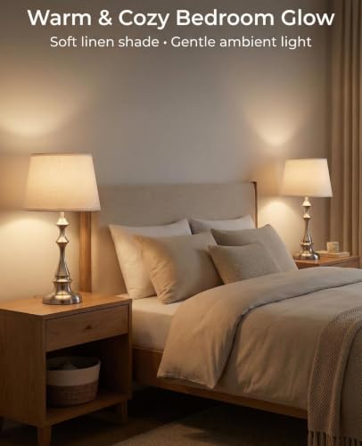 Touch Table Lamps Set of 2, 20.47" Rustic Bedside Lamps for Night Stand | Silver Brushed Nickel Metal, White Linen Shade, Farmhouse Nightstand Light for Bedroom, Living Room End Table, Entryway