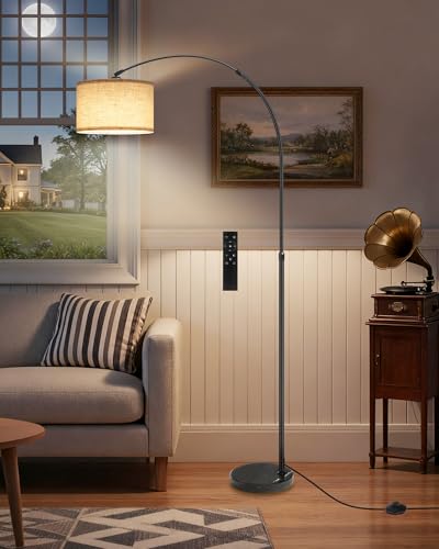 75" Arc Floor Lamp with Marble Base and Adjustable Height, Rotating Hanging Shade, Dimmable Floor Lamp for Living Room with Remote and Foot Switch, 3CCT, Over Couch Arched Reading Light E15LD05 - color: Black + Beige