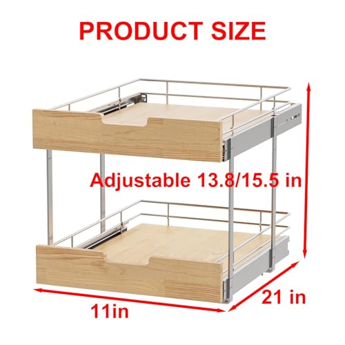 Sikarou Pull Out Cabinet Organizer,Heavy-Duty Slide Out Shelf, Wood and Wire Basket, Pull Out Drawer for for Kitchen Under Sink Space, Pantry, Bathroom, 2 Tie 11 * 21 in - size: 2-TIE 11*21 WM