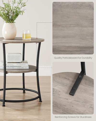 VASAGLE 21.7-Inch Round Side Table, 2-Tier End Table | Nightstand with Steel Frame, Spacious Top, for Small Spaces, Living Room, Bedroom, Heather Greige and Ink Black ULET077L01 - color: Heather Greige + Ink Black, style: With Power Strip