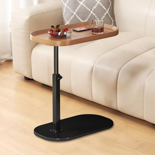 C Shaped Side Table Adjustable Height, 360° Swivel Couch End Table That Slide Under, Small C Shaped End Table for Sofa/Bed/Bathtub, Coffee TV Dinner Tray for Living Room, Bedroom, Bedside (Wood) - color: Wood