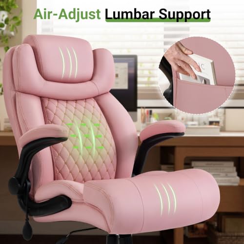 Office Chair, Big and Tall Executive Chair with Air-Lumbar Support, Breathable Desk Computer Chair with Adjustable Flip-up Armrests, Wide Cushion Seat Swivel Home Office Chair - color: Darkpink