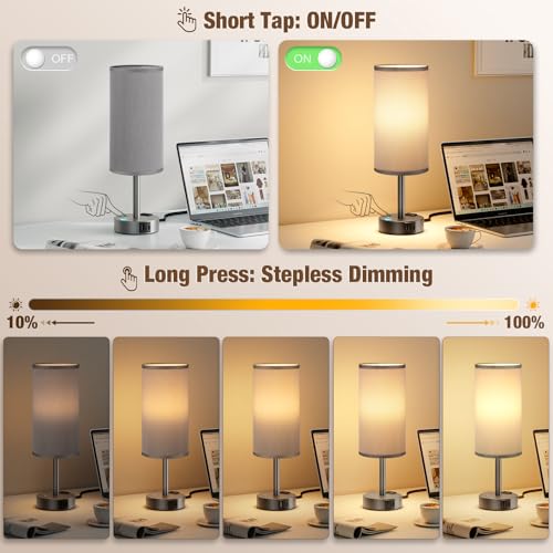 Grey Touch Bedside Lamp for Bedroom, Stepless Dimmable, USB A+C, AC Outlet | Base Touch Button Only, Memory Brightness, Ultra-dim Night Light, Included Bulb for Optimal Dimming, Grey Fabric Shade, Desk - color: Grey & Grey