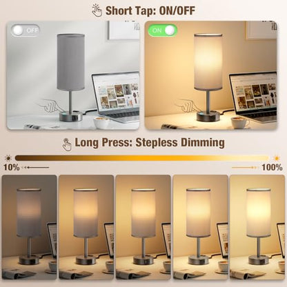 Grey Touch Bedside Lamp for Bedroom, Stepless Dimmable, USB A+C, AC Outlet | Base Touch Button Only, Memory Brightness, Ultra-dim Night Light, Included Bulb for Optimal Dimming, Grey Fabric Shade, Desk - color: Grey & Grey