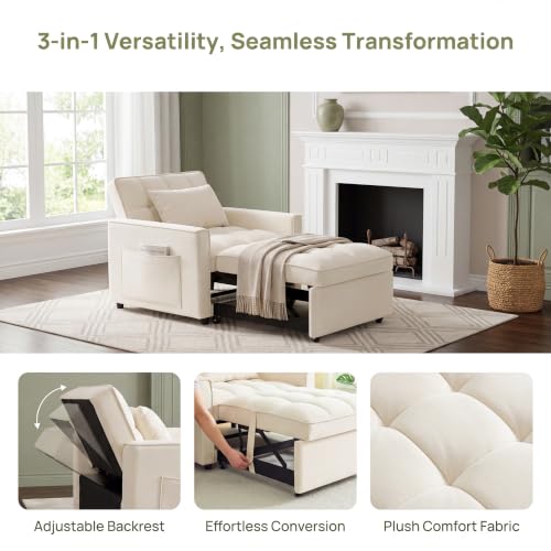 Sleeper Chair with Pull Out Bed, 3 In1 Convertible Couch Bed, White | Adjustable Backrest,Soft Cushioning,Handy Side Pocket - color: D-white-g5