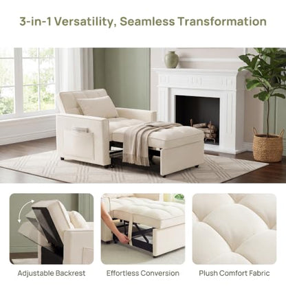 Sleeper Chair with Pull Out Bed, 3 In1 Convertible Couch Bed, White | Adjustable Backrest,Soft Cushioning,Handy Side Pocket - color: D-white-g5