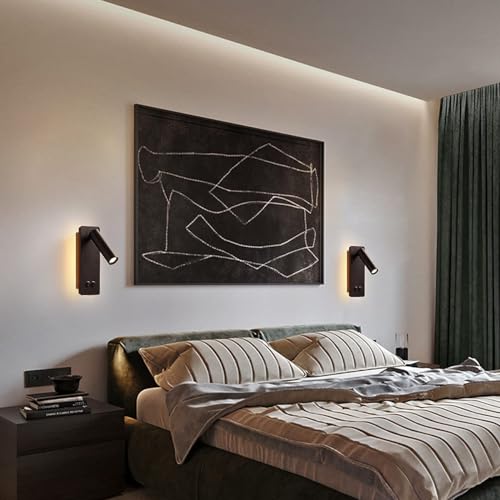 LED wall lamp and reading light two-in-one multifunctional wall sconces. LED Wall Lamp Plug in for Bedroom Bedside Wall Sconces Set of Two Black Reading Light 3W+6W Night Light 3000K(BLACK) - color: Black, size: 2 Pack