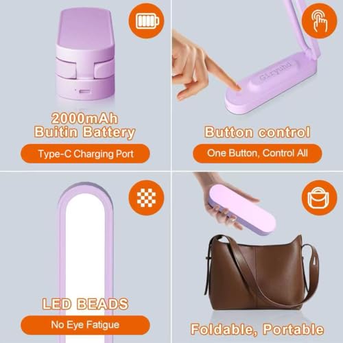 Giryuhd LED Desk Lamp for Office Home & Battery Operated Lamp Rechargeable Lamp Foldable & Portable Light, LED Desk Light Strip, 3 Brightness Dimmable Small Desk Lamp Wireless Reading Lamp - color: Purple