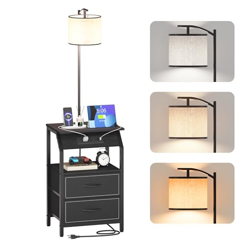 End Table with Floor Lamp, Nightstand with Charging Station, Floor Lamp Table with 3-Color Temperature Bulb, Bedside Table Night Stand with 2 Drawers for Bedroom, Living Room, Black - color: Black 2 Drawers