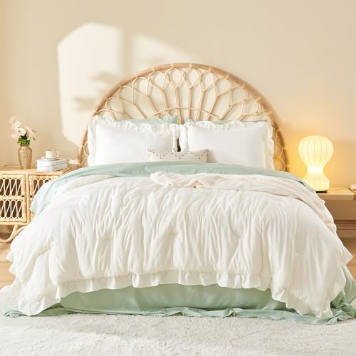 Litanika King Comforter Set, 3 Pieces Ivory Ruffle Bedding Set | Farmhouse Shabby Chic Aesthetic Soft Fluffy Lightweight Breathable Bed Set for Girls Women Room Decor Gift All Season - color: 04 - Ivory, size: King (104"x90")