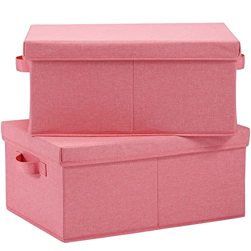 HOONEX Linen Foldable Storage Bins with Lids, 2 Pack, Storage Boxes with Carrying Handles and Sturdy Heavy Cardboard, 16.5" L x 11.8" W x 7.5" H for Shoes, Books, Clothes, Nursery, Pink - color: Pink