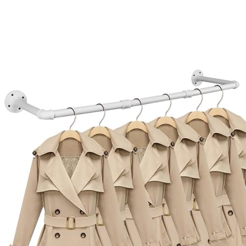 Industrial Iron Pipe Clothes Hanging Bar DIY Wall-Mounted Garment Rack Heavy Duty Clothing Rack for Bedroom, Laundry Room, Closet Storage (White 36 inch) - color: White, size: 36 Inch