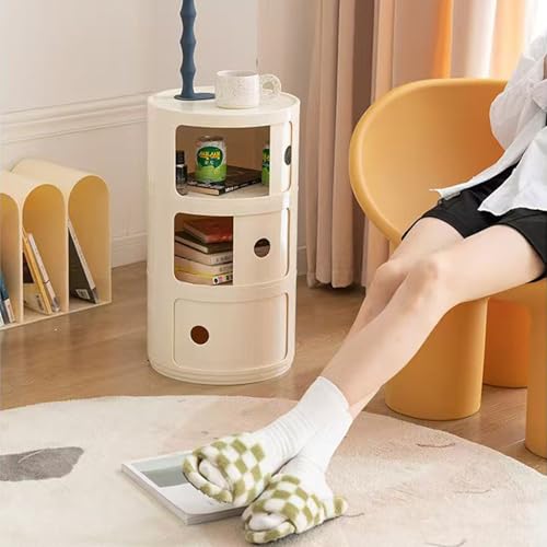 3 Tier Round Nightstand with Drawer, White Round Side Table Small Plastic Storage End Table for Bedroom, Living Room, Bathroom - color: White