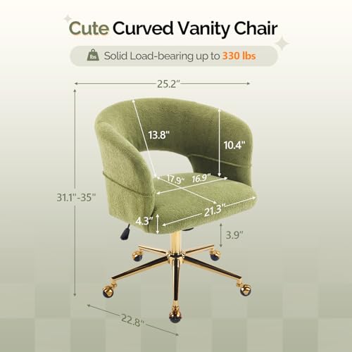 VINGLI Modern Curved Office & Vanity Desk Chair, Cute Upholstered Nail Chair with Wheels & 360° Swivel & Club & Tilting & Gold Base, for Bedroom, Living Room, Makeup, Velvet Chenille, Green - color: Green