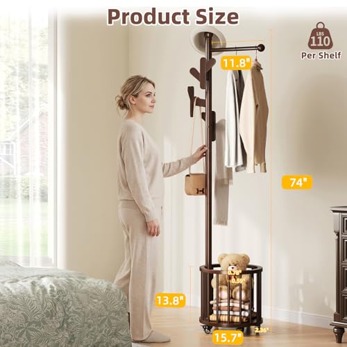 CozyDH Wooden Coat Rack Stand with Umbrella Holder and Wheels, Freestanding Hall Tree Coat Hanger with Multi Hooks, Heavy Duty Coat Tree for Entryway Bedroom Hallway Office, Deep Walnut - color: Dark Walnut, size: Round-15.7D×15.7W×72.8H