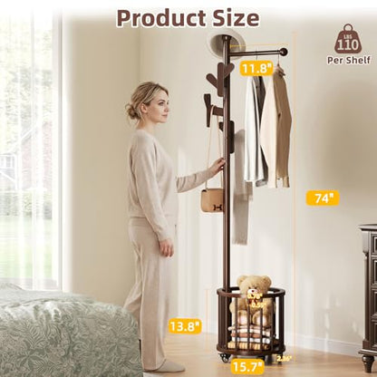 CozyDH Wooden Coat Rack Stand with Umbrella Holder and Wheels, Freestanding Hall Tree Coat Hanger with Multi Hooks, Heavy Duty Coat Tree for Entryway Bedroom Hallway Office, Deep Walnut - color: Dark Walnut, size: Round-15.7D×15.7W×72.8H