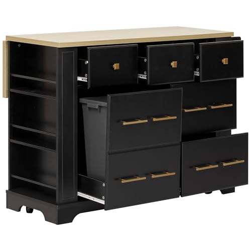 Charging Kitchen Island with 6 Drawers & Drop Leaf, Mobile Cabinet w/Trash Bin Compartment (Not Included), Rustic Wood Cart for Small Spaces (Black/D6) - color: Black/D6)