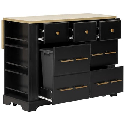Charging Kitchen Island with 6 Drawers & Drop Leaf, Mobile Cabinet w/Trash Bin Compartment (Not Included), Rustic Wood Cart for Small Spaces (Black/D6) - color: Black/D6)
