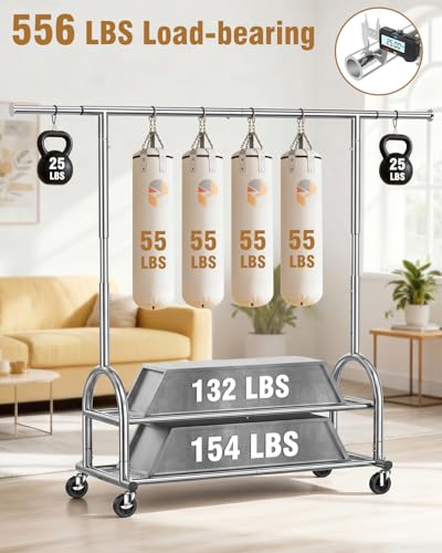 Heavy Duty Clothes Rack for Hanging Clothes Load 556 LBS, Height Adjustable Rolling Clothing Racks, Portable Metal Coat Rack Garment Wardrobe with Wheels and Shelves for Bedroom Laundry, Silver - color: Silver, style: 2 Shelves