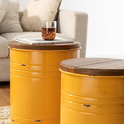 Glitzhome Rustic End Table Set of 2, Farmhouse Galvanized Metal Barrel Ottoman Storage Stool with Round Wood Lid for Living Room Furniture, Yellow - color: Yellow