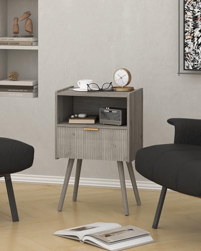 Nightstand,Modern Bedside Table with Storage Drawer and Open Wood Shelf, for Living Room, Bedroom and Small Spaces, Accent Night Stand with Solid Wood Legs, Easy Assembly,Grey Oak - color: Grey Oak