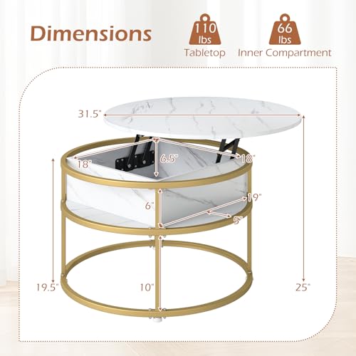 Tangkula Lift Top Coffee Table, 31.5" Round Center Table with Hidden Compartment & Side Shelves, 2-Tier Accent Cocktail Table for Living Room Apartment - color: White & Gold