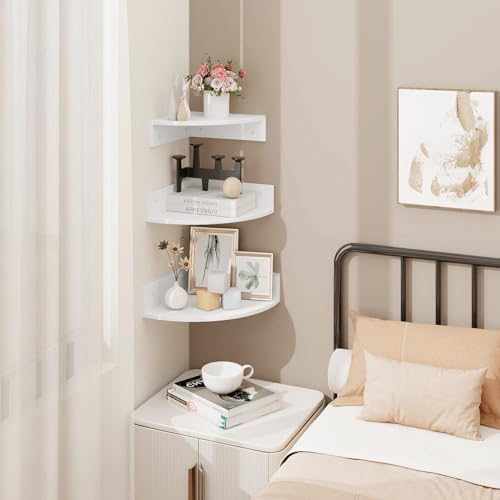Floating Corner Shelves, Set of 3 Wood Corner Wall Shelves with Wire Hole, 12 Inch Deep Hanging Corner Display Shelf for Living Room, Kitchen, Bedroom, White - color: White