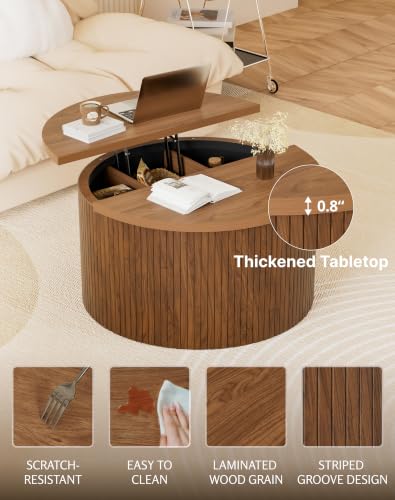 Fluted Round Lift Top Coffee Table with Storage, 31.5" Walnut Small Circle Wood Center Table for Living Room, Small Space - color: Walnut-round