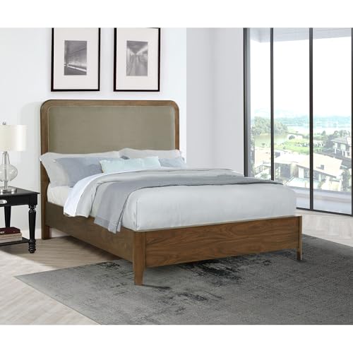 Queen Bed, Upholstered Bed, Walnut Panel Bed, Grey Fabric Headboard, Bed Frame, Extra Low Footboard, Walnut Veneer, Transitional for Modern and Classic Rooms, 1 Bed