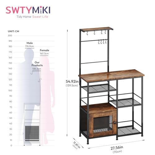 SWTYMIKI Bakers Rack with Storage - Coffee Bar Cabinet Organizer with 8 Hooks, Shelves & Cabinet Door, Coffee Station for Kitchen Dining Room, Microwave Stand with Adjustable Feet, Espresso - color: Espresso, size: Coffee Station with Hanging Rack
