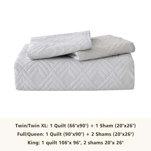 EMME Quilts Queen Size Bedding Sets, Light Grey Bedspread Soft Lightweight Pre-Washed Quilt, 3 Piece Cozy Reversible Microfiber Ultrasonic Coverlet with Pillow Sham (Diamond Pattern,90"x90") - color: 07-light Grey (Diamond), size: Full/Queen(90" x 90")