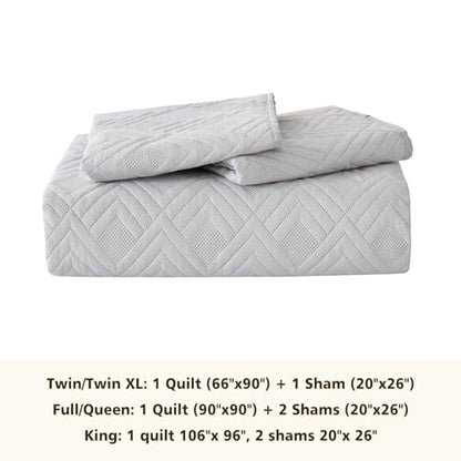 EMME Quilts Queen Size Bedding Sets, Light Grey Bedspread Soft Lightweight Pre-Washed Quilt, 3 Piece Cozy Reversible Microfiber Ultrasonic Coverlet with Pillow Sham (Diamond Pattern,90"x90") - color: 07-light Grey (Diamond), size: Full/Queen(90" x 90")