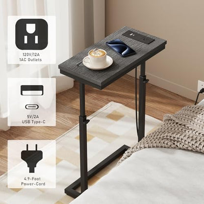 TUTOTAK End Table with Charging Station, Side Table, Tall Couch Table | Sofa Table, for living Room, Bedroom, Black TB01BK084 - color: Black, size: 1 Pack, style: With Plug