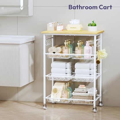 SWTYMIKI 24.4''x15.7'' Rolling Microwave Cart - 4 Tier Microwave Table Stand with 6 Storage Baskets, Coffee Bar with Wheels, Kitchen Utility Cart Shelf Rack Organizer for Vegetables, Potato, White - color: White