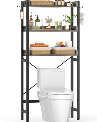 Ecoprsio Over-The-Toilet Storage Rack, 3-Tier Bathroom Organizer Shelf Over Toilet, Freestanding Space Saver Toilet Stands with 4 Hooks, Grey - color: Grey Oak