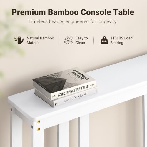 ELYKEN Bamboo 2-Tier Narrow Console Table, 36.2" Long Slim Hallway Table | Sofa Table Behind Couch with Storage Shelf for Entryway, Living Room, Foyer - color: White
