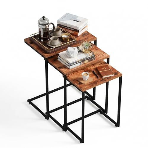 ZenStyle Nesting Coffee Table Set of 4 Side Tables, Industrial C-Shaped End Tables with Wood Table Top & Sturdy Metal Frame Stacking Accent Furniture - color: Chestnut