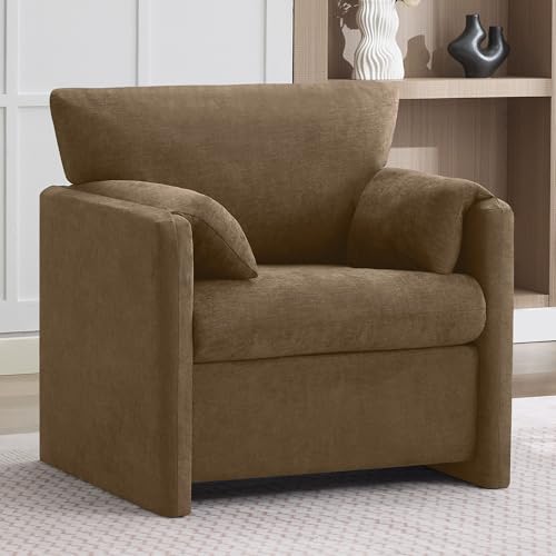 Oversized Accent Chair for Living Room, Large Modern Armchair with Deep Seat, Mid-Century Comfy Reading Chair with Padded Arms, Chenille Single Sofa Chairs for Bedroom, Dark Brown, Regular, 1PC - color: Dark Brown, size: Regular