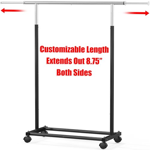 Simple Houseware Standard Rod Garment Clothing Rack, Black | Single Rail, Extendable Width from 30 to 47 Inches, Rolling Clothing Organizer for Bedroom, Laundry, Living Room - color: Black