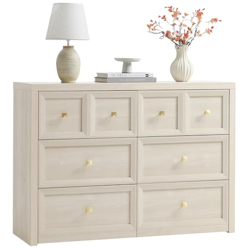 6 Drawers Dresser for Bedroom-46.5" Wide Wooden Chest of Drawers with Large Storage, Farmhouse Closet Dressers with Drawers, Long Dresser TV Stand for Living Room Bedroom, Grey White - color: Grey White, size: 15.5"D x 46.5"W x 33.6"H (6 Drawers)