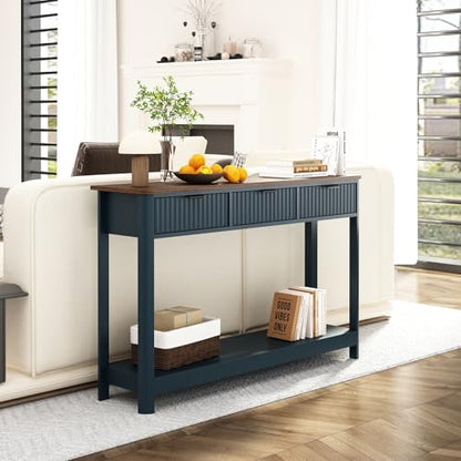 RUSTOWN Fluted Wood Console Table with 3 Drawers, 47.2" Boho Entryway Table | Narrow Behind Couch Sofa Table, Open Storage Shelf, Curved legs, 2 Tier Modern Farmhouse Hallway Table for Living Room, Foyer - color: Navy Blue