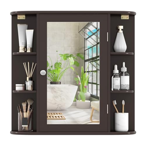 COSTWAY Medicine Cabinet with Mirror, Wall Mounted Bathroom Storage Cabinet | with Mirror Door and Adjustable Shelves, Space-Saving Storage Organizer for Living Room Kitchen Entryway (Brown) - color: Brown